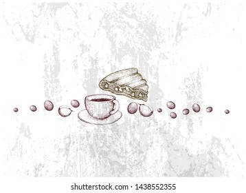 Bitter & Sweet, Illustration Hand Drawn Sketch of Coffee Cup with Vintage Metal Pot and Grilled Rajma Corn Sandwich.