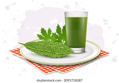 Bittergourd vegetable and juice glass vector illustration