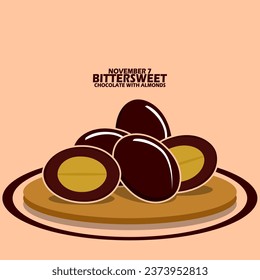 Bittersweet Chocolate with Almonds served on a wooden plate, with bold text on light brown background to celebrate National Bittersweet Chocolate with Almonds Day on September 7