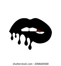 Bitting black lips with dripping paint. Vector illustration on white background. Trendy sticker for t-shirt