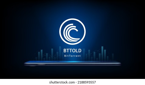 BitTorrent crypto currency token symbol come out from smartphone. Coin icon on dark background. Trading cryptocurrency in stock market on application. For website or banner. Vector illustrator.