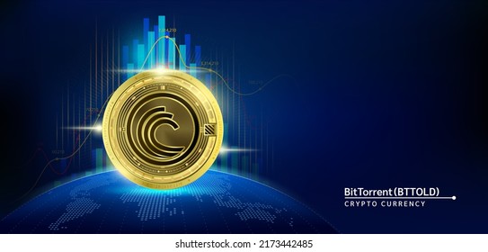 BitTorrent gold coin. Token cryptocurrency future. Blockchain stock market and crypto currencies. Blank screen empty space for advertise text. Banner for news on world map. Vector EPS10.