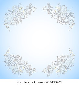 Biue sun-bleached historic background with vintage patterns of hearts hand drawing