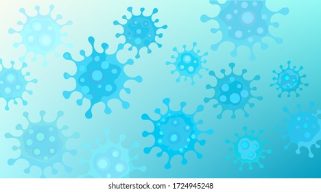 Biue viruses floating under microscope on luminous light blue background. Coronavirus outbreak horizontal banner. Vector illustration.