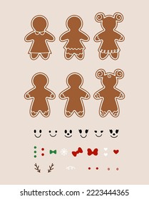 Biuld your own gingerbread man. Cartoon vector illustration of gingerbread men elements. Christmas concept