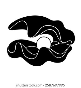 Bivalve sea shell Tridacna with pearl inside, black silhouette isolated on white. Segmented shape, stencil style. Vector clipart, monochrome sign for illustration, marine design, icon or logo.