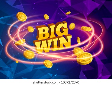 Biw win gold design prize for casino jackpot. Luck game banner for poker or roulette. Winner prize sign coins.