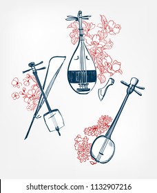 biwa sanshin kokyu japanese vector sketch illustration engraved chinese musical instrument design elements