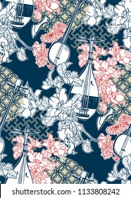 biwa sanshin vector sketch illustration line art japanese chinese oriental design seamless pattern