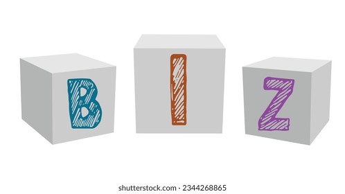 Ilustración vectorial BIZ - Concepto con cubo, palabras clave, letras e iconos. Aislado de fondo blanco.