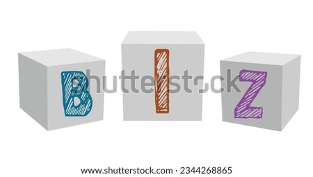 BIZ vector illustration - Concept with cube, keywords, letters, and icons. Isolated with white background.