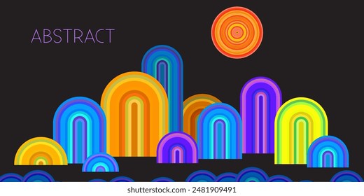 Bizarre abstrakte Landschaft. Design Arc Elemente im schlichten minimalistischen Liner-Stil, Abstrakte Bogenformen und Formen, Wandkunstdrucke, minimalistische geometrische Poster.