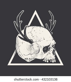 Bizarre art of skull with horns in triangle shape. Hand drawn style illustration. Monochrome vector art. 