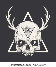 Bizarre art of skull with horns in triangle shape. Hand drawn style illustration. Monochrome vector art. 