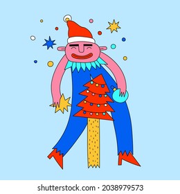 Bizarre Character Is Decorating A Christmas Tree. Celebrating The New Year In 80s Vibrant Disco Style. Hand Drawn Psychedelic Funky And Groovy Style.people Celebrate 2022