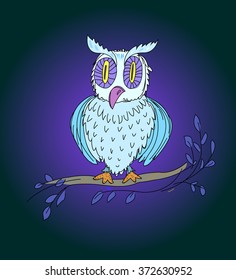 Bizarre charming hand drawn night owl is sitting on the abstract branch.