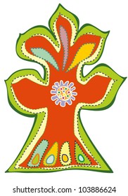 Bizarre Color Tree and Sun Flower in Center on White Background, Vector Version