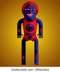 Bizarre creature vector illustration, cubism graphic modern picture. Flat design image of an odd character isolated on colored background.

