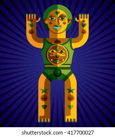 Bizarre creature vector illustration, cubism graphic modern picture. Flat design image of an odd character isolated on artistic striped background. Mythic idol drawing.