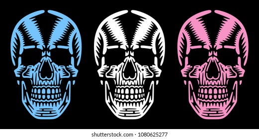 Bizarre dead heads. Retro colorful skulls. Cool print for t-shirt. Vintage design.