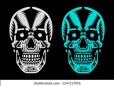 Bizarre dead heads. Retro white and turquoise skulls. Cool print for t-shirt. Vintage design. 