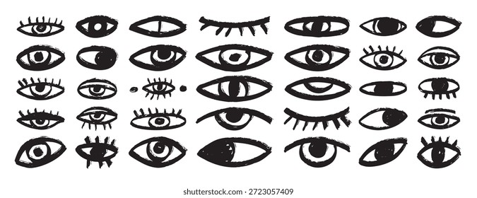 olhos bizarros mão desenhado jogo de pincel de rabiscar. Texturizado minimalista olhos grunge coleção áspera . Ilustração vetorial