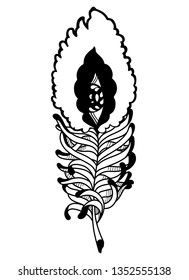bizarre feather with eyes, black and white vector illustration