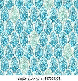 bizarre feather with eyes, blue seamless pattern