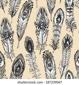 bizarre feather with eyes, ocher seamless pattern