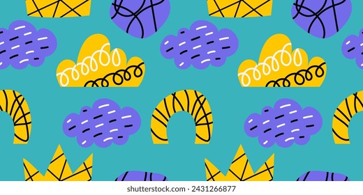 Bizarre freehand abstract shapes with doodle scribbling drawing lines inside. Bright colored seamless pattern for textile, paper, fabric, background, wallpaper, print design. Vector 