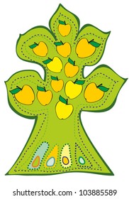 Bizarre Green Apple Tree on White Background, Vector Version