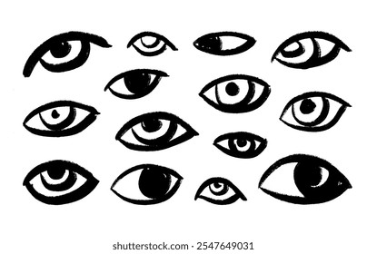 Uma bizarra ilustração desenhada à mão dos olhos. Imagem texturizada minimalista.