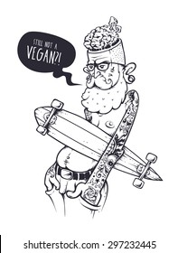 Bizarre hipster character with tattoos and longboard. Crazy graffiti style illustration. Black and white variation. Vector art. 