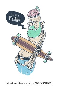 Bizarre hipster character with tattoos and longboard. Crazy graffiti style illustration. Vector art. 