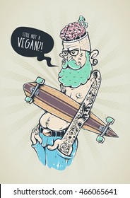 Bizarre hipster character with tattoos and longboard. Crazy graffiti style illustration. Vector art. 