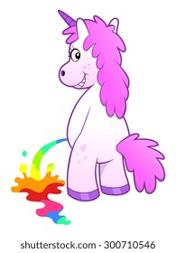 Bizarre illustration of Unicorn pissing rainbow isolated.