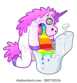 Bizarre illustration of Unicorn pukes rainbow isolated.