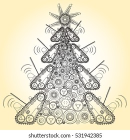 Bizarre machine Christmas tree build from ground works vehicles wheels components. Construction equipment for building. Truck, digger, crane, bagger, roller, excavator, transportation. Outlined vector