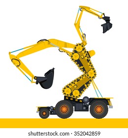 Bizarre machine robot build from ground works yellow vehicles Construction and Equipment for building Truck Digger Crane Forklift Small Bagger Mix Roller Extravator Transportation - Master vector