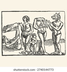 Bizarre Medieval Engraving of Mythical Creatures and Deformed Human Figures, Illustrating Grotesque Humanoid Forms.