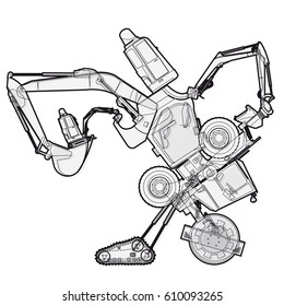 Bizarre outlined machine robot build from ground works components vehicles. Construction equipment for building. Truck digger crane forklift bagger mix excavator transportation. Vector illustration.