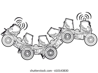 Bizarre outlined machine robot build from ground works components vehicles. Construction equipment for building. Truck digger crane forklift bagger mix excavator transportation. Vector illustration.