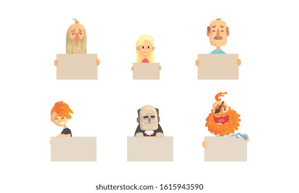 Bizarre People Holding Blank Banners Collection, Funny Characters Demonstrating Empty Placards Vector Illustration
