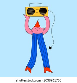 Bizarre psychedelic character with tape recorder.DJ and musician at the party.Disco style celebration. Birthday party.Funky and groovy guy.Hippie childish style.Christmas 80s