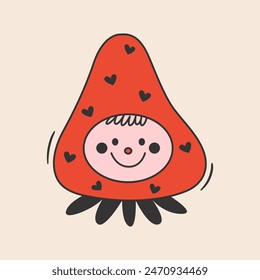 Bizarre smiling face character wearing a strawberry hat. Abstract doodle berry drawing. Fun childish illustration. Cute vector design