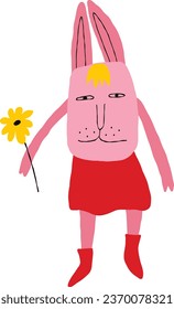 Bizarre strange pink bunny character with lovey face and flower. Comic cartoon hand drawn rabbit in doodle style