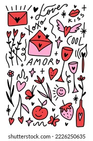 Bizarre Valentines day party characters set. Love letters, berries, flowers, wine bottle and glasses, lettering text inscriptions. Groovy cartoon stickers. Funky hippie mad weird 60s 70s sixties retro