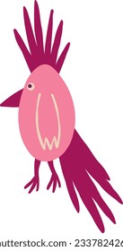 Bizarre weird red tropical bird. A bizarre fairy-tale firebird, Illustration in modern childish hand drawn style