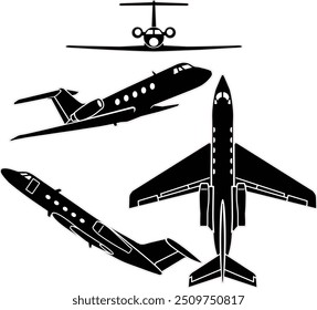 Bizjet airplane vector set with outline for laser engraving