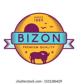 Bizon vector logo template. American buffalo, flying birds and sun silhouette. Wild animal